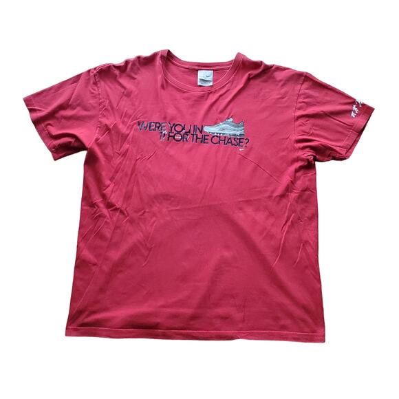 Y2K Nike Silver Tag Were You in it For the Chase? Air Max 1997 Red Shirt XXL - Picture 1 of 5
